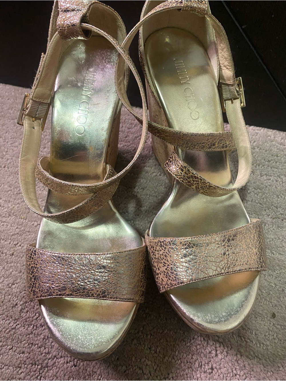 Jimmy Choo Metallic Gold Cork Wedge Sandals - Picture 3 of 5